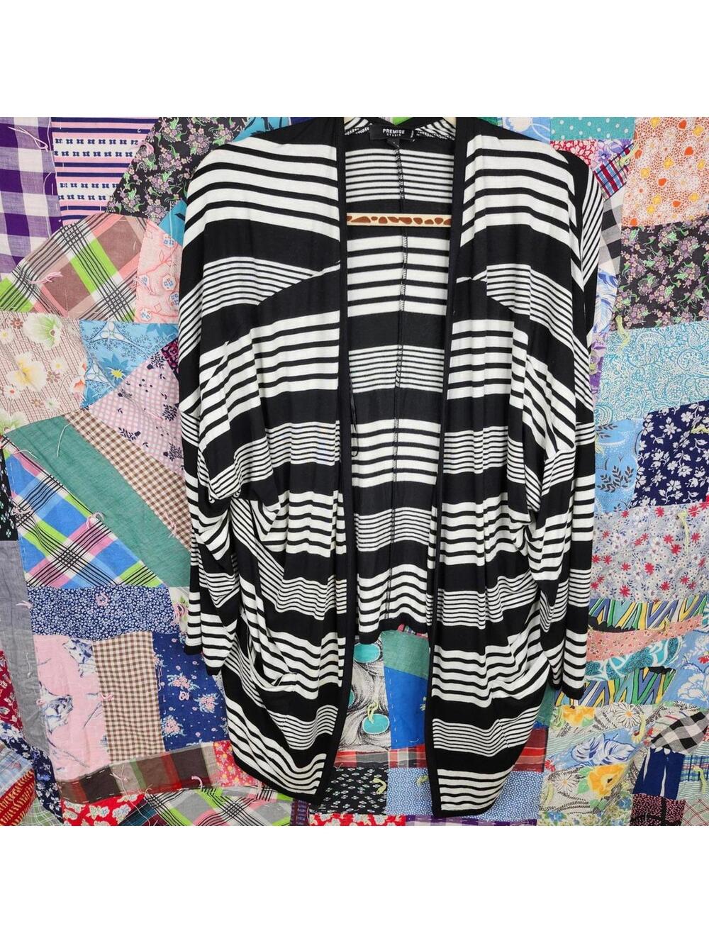 Premise Studio Striped Cardigan Open Front Knit Lightweight Black White 1X